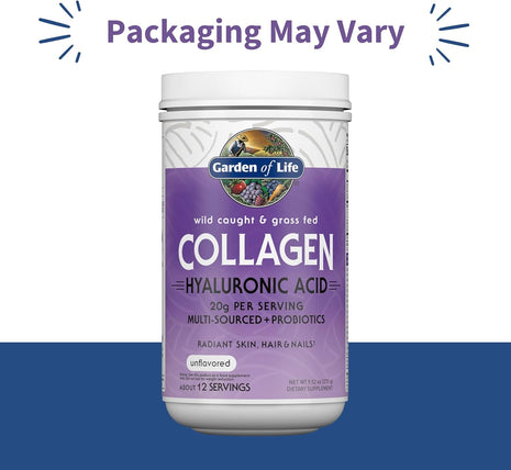Garden of Life Marine & Grass-Fed Collagen Peptides Powder Supplement (Type I, III) with Probiotics, BCAAs & Hyaluronic Acid for Radiant Hair, Skin & Nails – Unflavored, 20g per serving, 12 Servings