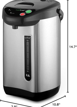 NutriChef Hot Water Urn Pot Insulated Stainless Steel,Auto & Manual Dispense,Auto Boiler,Safety Lock Shutoff 3.38 QT /3.2L   Auto Boiler Shut Off   PKWK43