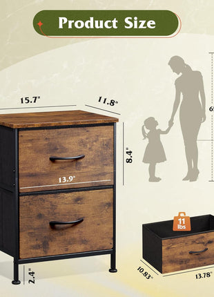 WLIVE Night Stand, Small 2 Drawer Dresser, Nightstand with Fabric Bins for Bedroom, Closet, Dorm, Rustic Brown Wood Grain Print, 11.8 inch D x 15.7 inch W x 20.9 inch H
