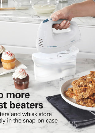 Hamilton Beach 6-Speed Electric Hand Mixer With QuickBurst and Bowl Rest | Powerful 250 Watt Motor | Traditional Beaters | Snap-On Storage Case | White | 62682G