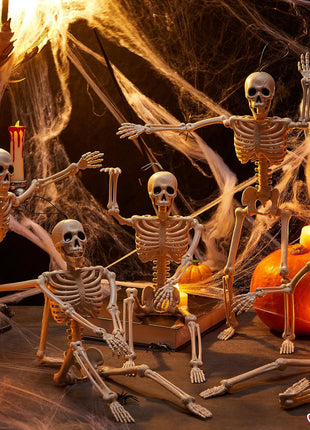 JOYIN 5 PCS Posable Halloween Skeleton Decor 16 Inches, Full Body Posable Joints Hanging Skeletons for Halloween Decorations, Graveyard Props, Haunted House Accessories, Spooky Scene Party Favors
