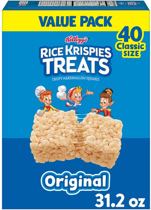 Rice Krispies Treats Crispy Marshmallow Squares, Kids Snacks, Snack Bars, Original, 31.2oz Box (40 Bars)