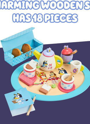 8th Wonder Bluey Toys Wooden Tea Party Set, 18-Piece Durable Toy Tea Set with Tray, Teapot, Teaspoons, and More, Pretend Play for Toddlers of Ages 3+