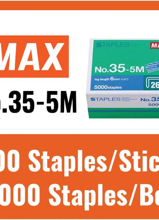 Max 35-5M Standard Staples for USA; Leg Length 6mm (1/4 inch); 100 Staples per Stick, for Use with Max HD-50, HD-50R, HD-50F and other Standard Staplers, 0.25 inch Leg Length, 0.5 inch Crown Width, 5000 Count