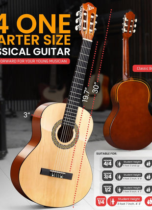 Pyle Beginner Acoustic Guitar Kit, 1/4 Junior Size All Wood Instrument for Kids, Adults, 30 inch Natural Ash