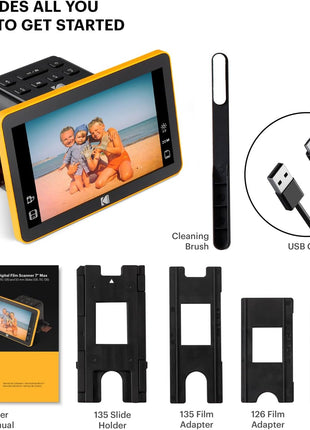 KODAK Slide N Scan Max Digital Film Scanner - Black/Yellow - Tiltable 7-Inch LCD with Gallery Mode & Photo Scanner Preview - Quick-Feed Tray for Slide Digitizer