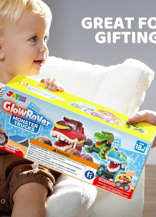 JOYIN 3 Pack Monster Truck Toy - Motion Activated Light Up Cars for Toddlers - Monster Glow Rover LED Wheels - Baby Boy Toys - Press and Go Dinosaur Trucks for Kids Boy Birthday Gifts