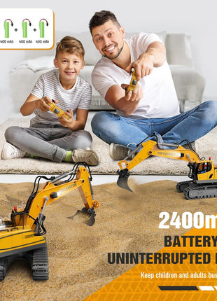 KIDMARKT Remote Control Excavator Toy for Boys | 11-Channel Metal Construction Truck with Lights, 2×1200mAh Batteries, 120-Min Playtime | RC Excavator Toys for Kids Ages 3-12, STEM Gift for Birthday
