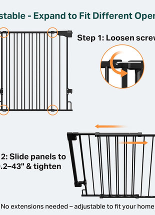 Cumbor 29.2–43" Baby Gate for Stairs, Hardware Mounted (Drill Required), Expandable No Bottom Bar Dog Gate, Auto Close Extra Wide Walk Thru, Pet & Toddler Proof Gate, Top & Bottom of Stairways(Black)