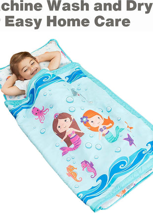 EVERYDAY KIDS Toddler Nap Mat with Removable Pillow -Underwater Mermaids- Carry Handle with Fastening Straps Closure, Rollup Design, Soft Microfiber for Preschool, Daycare Sleeping Bag, Ages 2-6 years