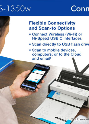 Brother ADS-1350W Wireless Compact Desktop Scanner | Scan Speeds of Up to 30ppm | Single Pass Double-Sided Scanning