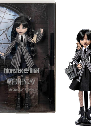 Monster High Wednesday Doll and Accessories, Wednesday Addams Collectible in Nevermore Academy Uniform with Thing and Backpack, Doll Stand