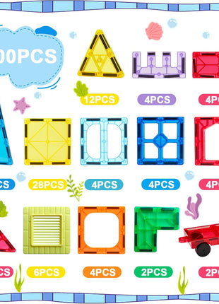 Anbalulu Magnetic Tiles 100PCS with 2 Cars, STEM Educational Building Blocks for Kids Ages 3-9, Magnet Construction Toys Gift for Toddlers