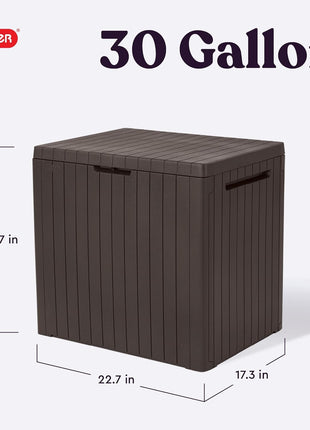 Keter City 30 Gallon Resin Outdoor Storage Box and Patio Furniture Side Table for Pool and Garden Accessories, Brown