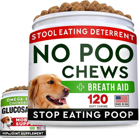 No Poo Treats + Glucosamine Treats Bundle - No Poop Eating for Dogs + Hip & Joint Care - Probiotics & Enzymes + Omega-3 Oil + Chondroitin, MSM - Coprophagia Stool Eating Deterrent + Joint Pain Relief