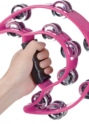 Half Moon Musical Tambourine Double Row Metal Jingles Hand Held Percussion Drum Multicolor (Pink) for KTV Party with Ergonomic Handle Grip