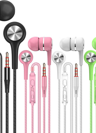 YNR 4 Pairs Wired Earbuds with Microphone & Volume Control, in Ear Earphones for School, Noise Islating High Definition, for 3.5mm Jack iPhone iPad iPod Samsung Google Devices (A12-4)