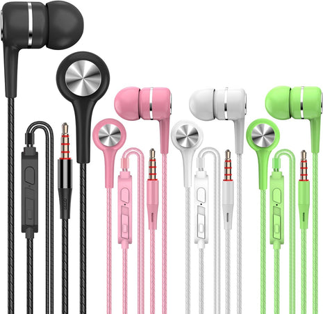 YNR 4 Pairs Wired Earbuds with Microphone & Volume Control, in Ear Earphones for School, Noise Islating High Definition, for 3.5mm Jack iPhone iPad iPod Samsung Google Devices (A12-4)