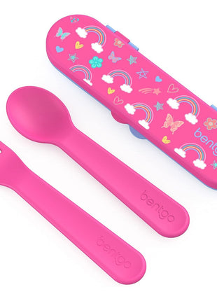 Bentgo Kids Plastic Utensil Set with Fork, Spoon, & Storage Case | Reusable, PFAS- & BPA-Free, Easy-Grip Handles, Lightweight, Dishwasher Safe, School, Travel & On-the-Go (Rainbows)