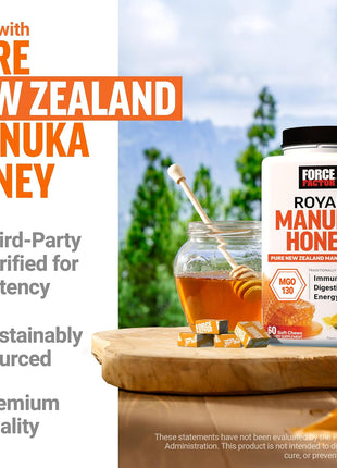 Force Factor Royal Manuka Honey Soft Chews | Pure New Zealand Manuka, Support Immune Health, Digestion & Energy, MGO 130, Sustainably Sourced, Honey-Lemon, 60 Soft Chews