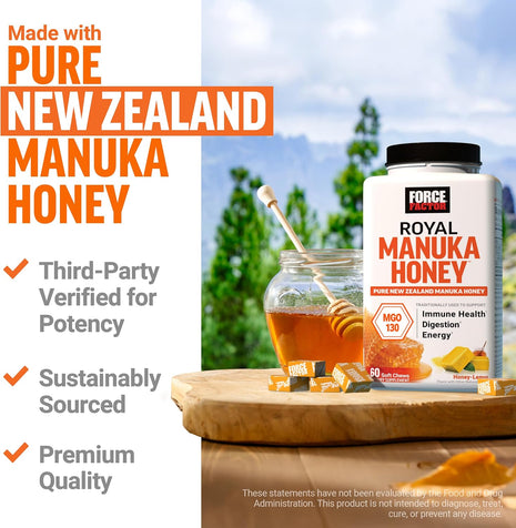 Force Factor Royal Manuka Honey Soft Chews | Pure New Zealand Manuka, Support Immune Health, Digestion & Energy, MGO 130, Sustainably Sourced, Honey-Lemon, 60 Soft Chews