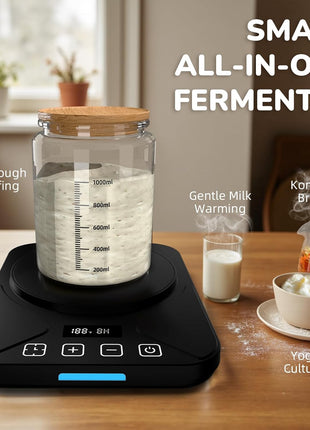 Sourdough Starter Warmer Mat - 24H Timer - Precise 1°F Thermostat Control (70-100°F) - Smart Memory Warming On/Off - Fits Jars Up to 40oz - Perfect for Home Baking (Moonlight White)