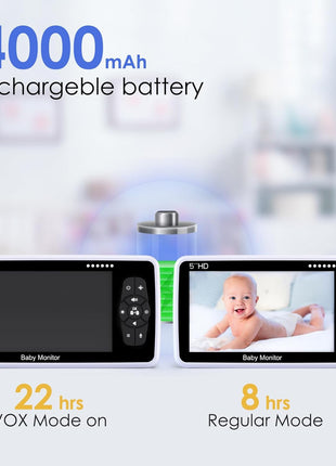Baby Monitor with Camera and Audio, 5inch IPS Display 720P HD, 4000mAh Long Battery Life, Pan-Tilt-Zoom, No WiFi, VOX Mode, Night Vision, 2-Way Audio, Temperature Sensor & Lullabies