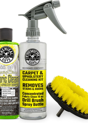 Chemical Guys Foaming Citrus Fabric Clean Drill Brush Kit - High Foaming Stain and Odor Remover, Upholstery, Floor Mat & Car Carpet Cleaner, Deep Cleans & Deodorizes, Citrus Scent - 16 fl oz
