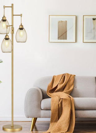 Dimmable Industrial Floor Lamps for Living Room, Gold Tree Standing Tall Lamps with 3 Elegant Teardrop Cage Head & 800 Lumens LED Bulbs for Bedroom Office