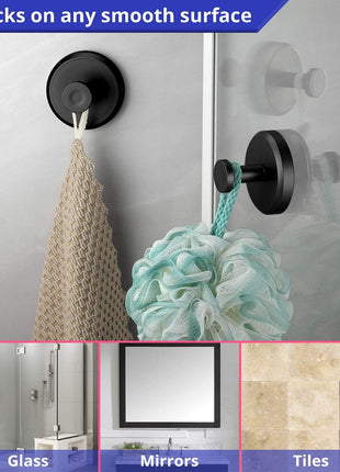 HOME SO Suction Cup Hooks for Shower & Bathroom Towel Holder 2-Pack – Suction Cups Hooks for Hanging Towels, Robes, & Coats - Tiles, Glass Door or Mirror – Shower Hooks & Towel Hooks Organizer - Black