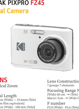KODAK PIXPRO FZ45 16MP Digital Camera with 4X Optical Zoom 27mm Wide Angle and 2.7" LCD Screen Bundle with 32GB SD Memory Card, AA Batteries (4 Pack), Lens Cleaning Cloth (White)