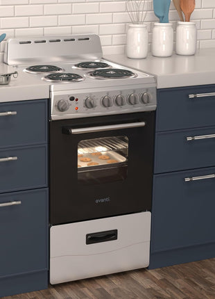 Avanti Electric Range Oven, 4 Coil Broilers, 2.1 Cu.Ft., Stainless Steel | Avanti Electric Range Oven, 4 Coil Burners, Built-In Broiler, Framed Glass Door, Storage Drawer, 2.1 Cu.Ft., Stainless Steel