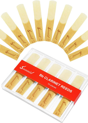 10 Pack Bb Clarinet Reeds with Plastic Box, Strength 2.5 Reeds for Clarinet, Thinner Reed Tip & Unfiled Cut for Easy of Play, Traditional Reeds for Clarinet Beginner and Player