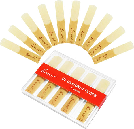10 Pack Bb Clarinet Reeds with Plastic Box, Strength 2.5 Reeds for Clarinet, Thinner Reed Tip & Unfiled Cut for Easy of Play, Traditional Reeds for Clarinet Beginner and Player