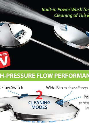 AquaCare High Pressure 8 mode Handheld Shower Head   Anti clog Nozzles, Built in Power Wash to Clean Tub, Tile & Pets, Extra Long 6 ft. Stainless Steel Hose, Wall & Overhead Brackets