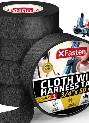 XFasten Wire Harness Tape, 3/4-Inch x 50-Foot (5-Pack), High Temp Wiring Loom Harness, Self-Adhesive Felt Cloth Electrical Tape for Automotive Engines, Noise Dampening, and Cable Protection