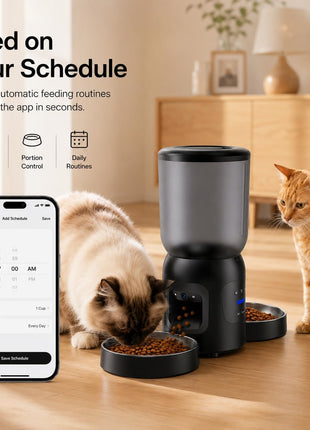 Smart Pet Feeder with Dual 2K Camera & AI Recognition, Dual Bowl Automatic Cat Feeder for Two Cats & Dogs, 6L WiFi Pet Feeder with App Control, 2-Way Audio, Motion Tracking, Anti-Clog Design