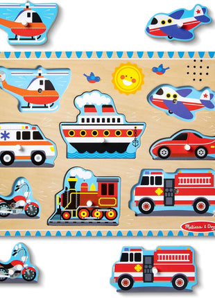 Melissa & Doug Vehicles Sound Puzzle - Wooden Peg Puzzle with Light-Activated Sound Effects (8 pcs) Puzzles for Toddlers, Wooden Puzzles for Kids Ages 2+ (Pack of 12)
