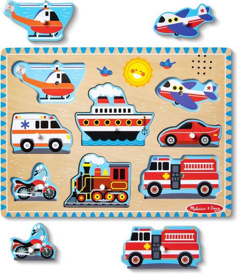 Melissa & Doug Vehicles Sound Puzzle - Wooden Peg Puzzle with Light-Activated Sound Effects (8 pcs) Puzzles for Toddlers, Wooden Puzzles for Kids Ages 2+ (Pack of 12)