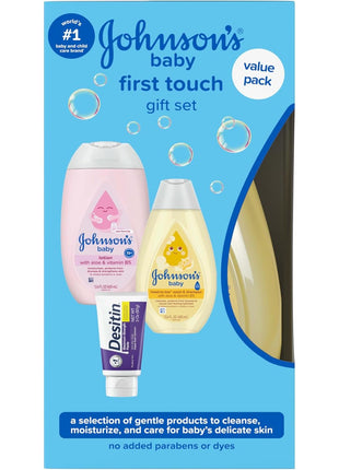 Johnson's First Touch Baby Gift Set, Baby Bath, Skin & Hair Essential Products, Kit for New Parents with Wash & Shampoo, Lotion, & Diaper Rash Cream, Hypoallergenic & Paraben-Free, 4 items