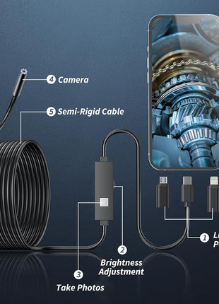 Endoscope Camera with Light,1920P HD Borescope Tools with 8 Adjustable LED Lights, Endoscope with Semi-Rigid Snake Camera, Inspection Borescope for iOS and Android-16.4ft Single Lens