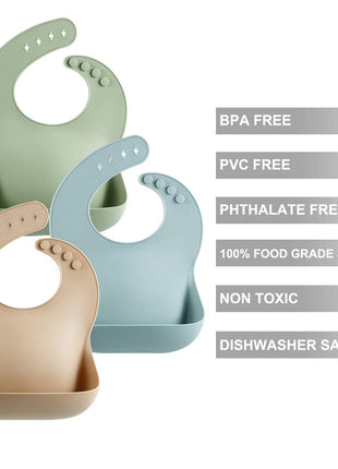 PandaEar Set of 3 Silicone Baby Bibs Waterproof, Soft, Unisex, 10-72 Months (Brown/Blue/Green)