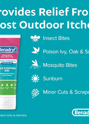 Benadryl Extra Strength Anti Itch Relief Gel, 2% Diphenhydramine HCl, Relief from Insect Bites, Sunburn & More, Great for Camping Essentials, 3.5 fl oz