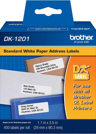 DK-1201 Die-Cut Standard Address Labels – Long Lasting Reliability, Die-Cut Standard Address Paper Labels, 1.14" x 3.5" Individual Label Size, 4800 Labels / 12 Rolls