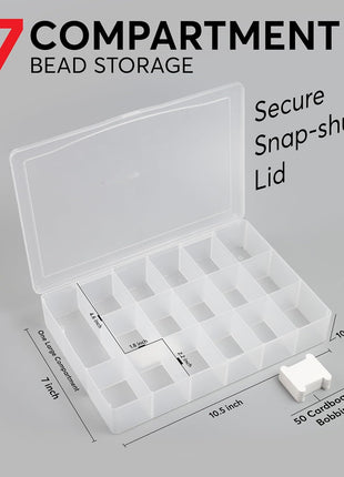 Embroidery Floss Organizer Box with 50 Cardboard Bobbins - 17 Compartments Clear embroidery thread organizer box, Snap-Tight Clear Sewing Organizer - Jewelry Bead Holder (Made in USA)