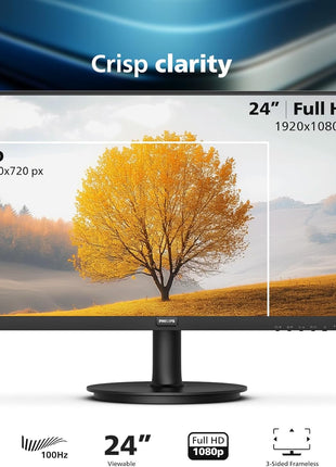 Philips 24 Inch Computer Monitor FHD 100Hz VA VESA Flicker-Free, 241V8LB | 1920×1080 LED Monitor, 4ms GtG, Adaptive Sync, HDMI 1.4, Tilt Adjust, Low Blue Light, 4yr Advance Replacement Warranty