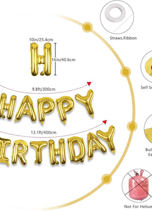 Gold Happy Birthday Balloons Banner 16 Inch Mylar Foil Letters, Inflatable Party Decor and Birthday Decorations for Women, Men, Boys & Girls Kids and Adults, Reusable, Party Supplies