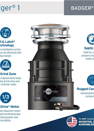 InSinkErator Garbage Disposal with Power Cord, Badger 1, Standard Series, 1/3 HP Continuous Feed, Black