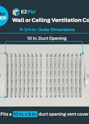 EZ-FLO 10 x 6 Inch (Duct Opening) Air Vent Cover for Wall or Ceiling, Two-Way Ventilation Register, Solid Steel HVAC Register Cover, White, 61610