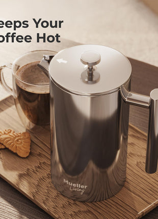 MuellerLiving French Press Coffee Maker 34oz, Stainless Steel French Press Coffee, 4 Filter Heat Resistant Double Insulated, Rust Free, Food Grade, Dishwasher Safe Coffee Pot